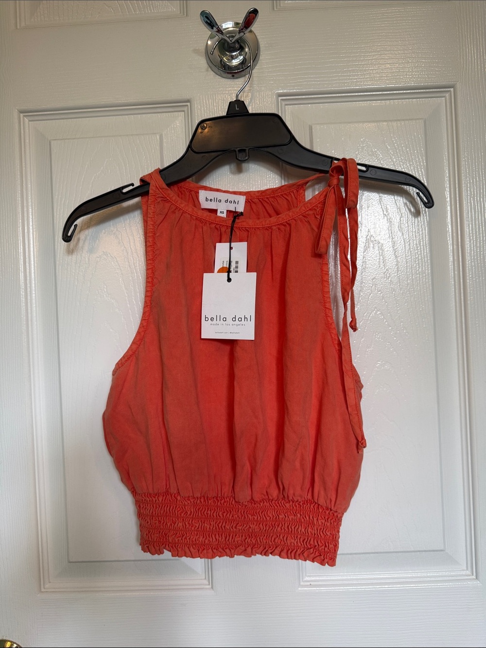NWT Bella Dahl Smocked Waist Tie Neck Top- Mandarin orange
